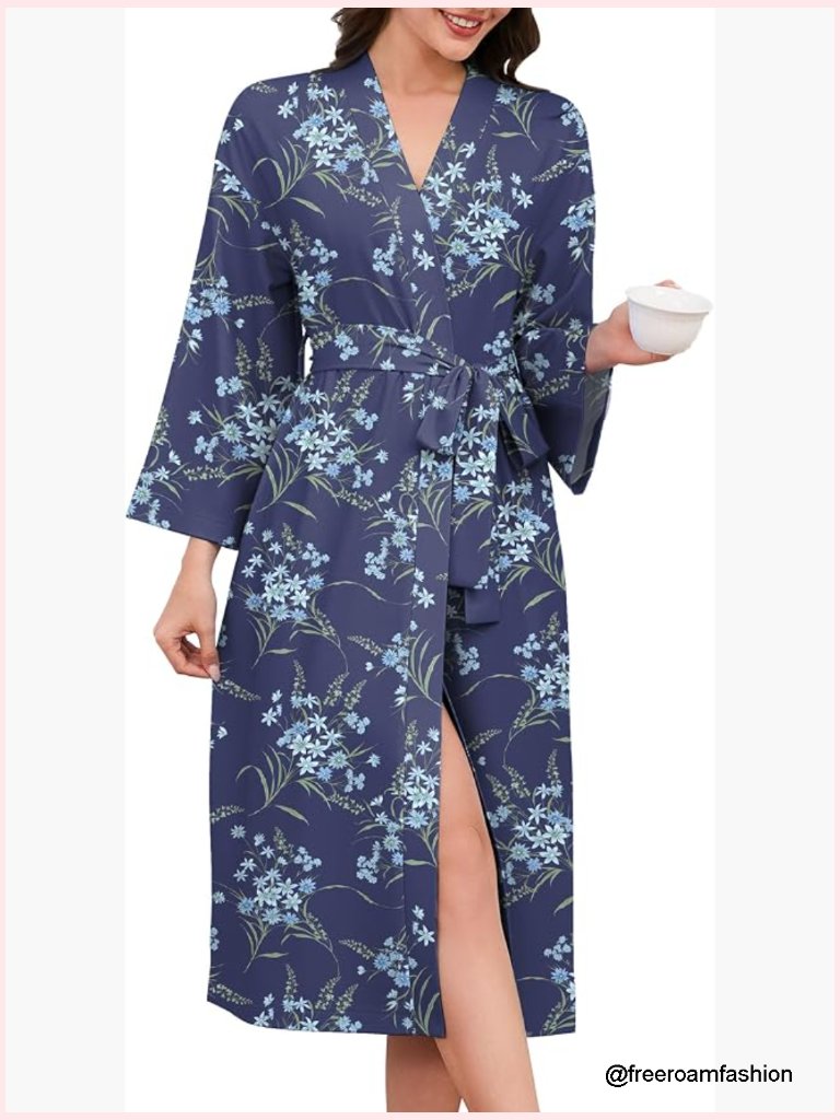V-Neck Printed Kimono Bathrobe Long Lightweight Loungewear With Pockets